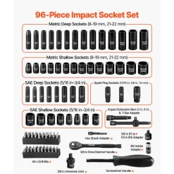 VEVOR 1 in Drive Impact Socket Set, 21 Piece, 6 Point Shallow Impact Sockets, SAE (1-5/8 in to 3-1/8 in), with 8 in & 18 in Extension Bars, 24 in Ratchet, Cr-V Steel, Size Marking, and Carrying Case
