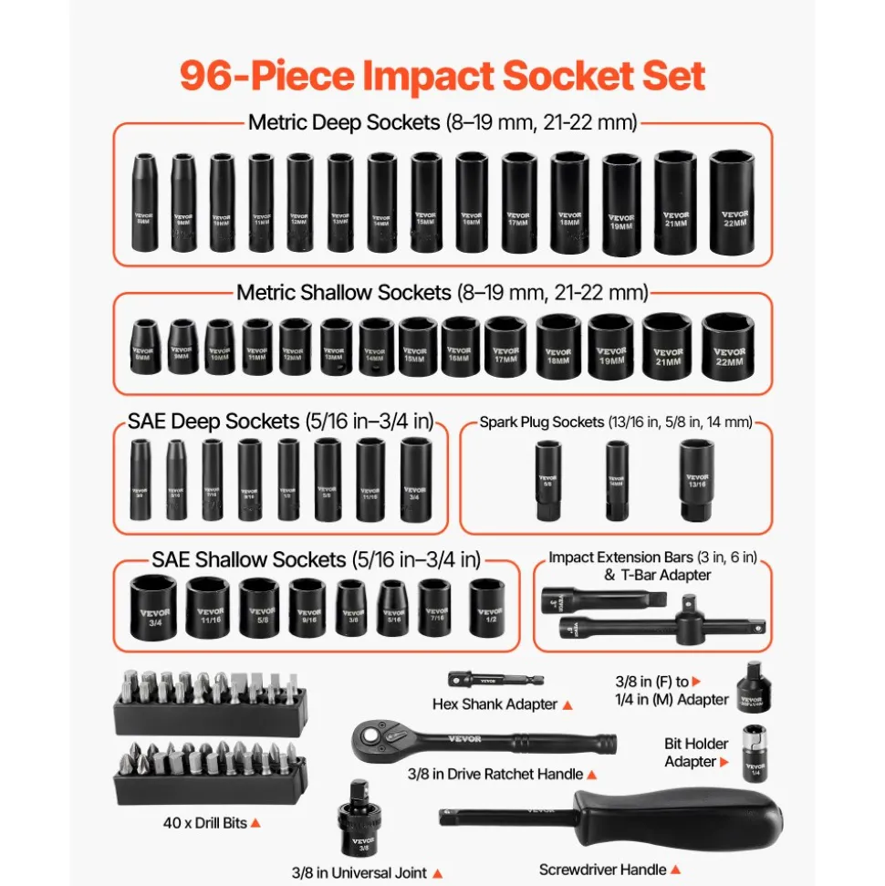 VEVOR 1 in Drive Impact Socket Set, 21 Piece, 6 Point Shallow Impact Sockets, SAE (1-5/8 in to 3-1/8 in), with 8 in & 18 in Extension Bars, 24 in Ratchet, Cr-V Steel, Size Marking, and Carrying Case