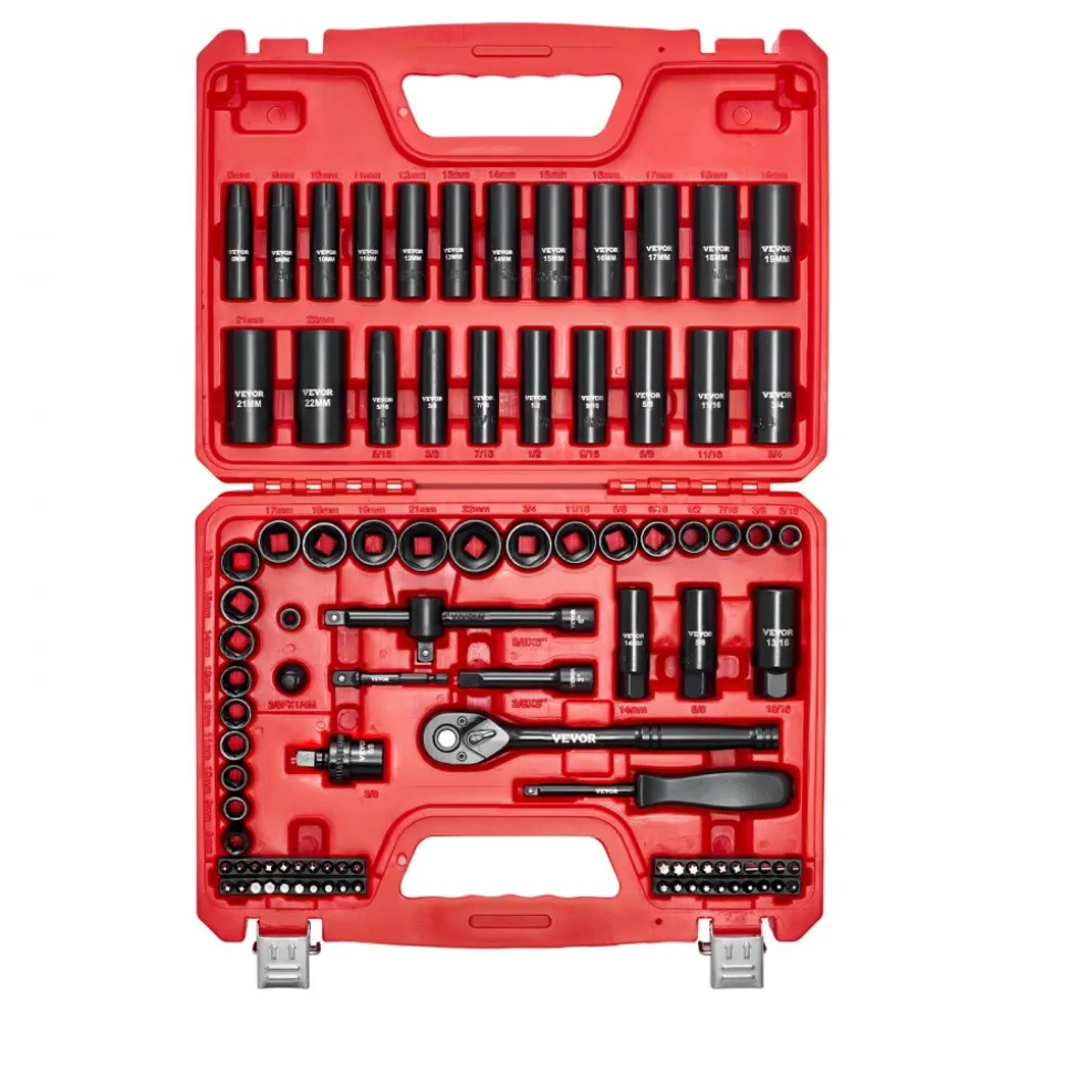 VEVOR 1 in Drive Impact Socket Set, 21 Piece, 6 Point Shallow Impact Sockets, SAE (1-5/8 in to 3-1/8 in), with 8 in & 18 in Extension Bars, 24 in Ratchet, Cr-V Steel, Size Marking, and Carrying Case