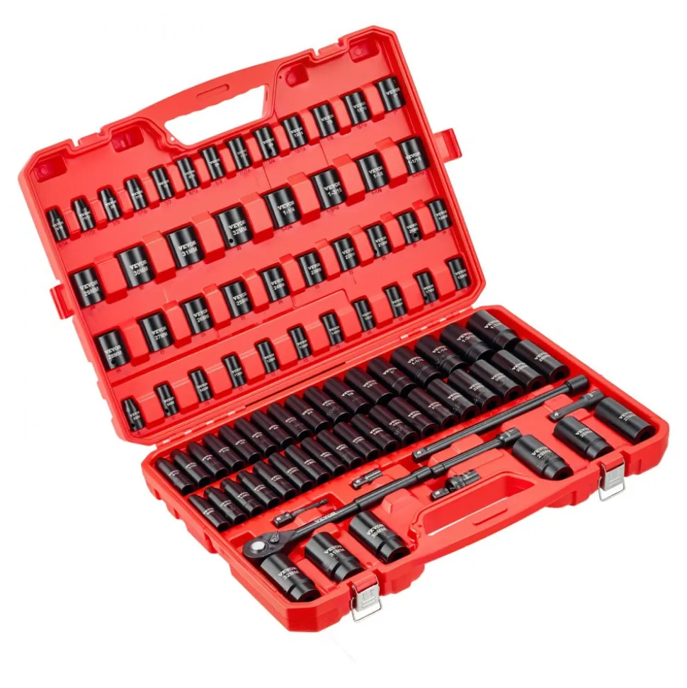 VEVOR 1 in Drive Impact Socket Set, 21 Piece, 6 Point Shallow Impact Sockets, SAE (1-5/8 in to 3-1/8 in), with 8 in & 18 in Extension Bars, 24 in Ratchet, Cr-V Steel, Size Marking, and Carrying Case