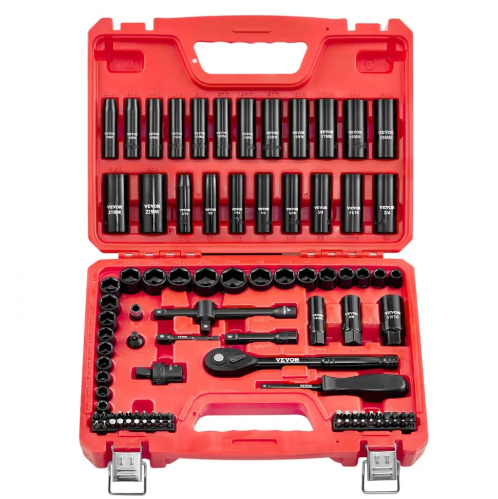 VEVOR 1 in Drive Impact Socket Set, 21 Piece, 6 Point Shallow Impact Sockets, SAE (1-5/8 in to 3-1/8 in), with 8 in & 18 in Extension Bars, 24 in Ratchet, Cr-V Steel, Size Marking, and Carrying Case