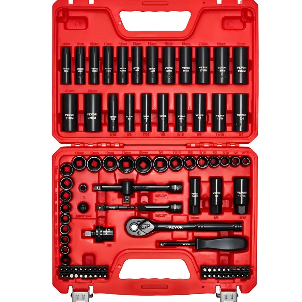 VEVOR 1 in Drive Impact Socket Set, 21 Piece, 6 Point Shallow Impact Sockets, SAE (1-5/8 in to 3-1/8 in), with 8 in & 18 in Extension Bars, 24 in Ratchet, Cr-V Steel, Size Marking, and Carrying Case