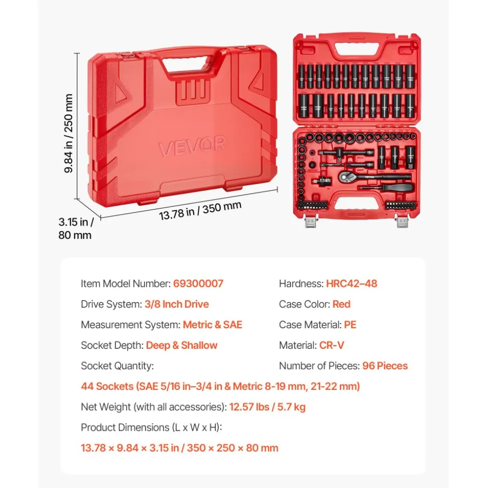 VEVOR 1 in Drive Impact Socket Set, 21 Piece, 6 Point Shallow Impact Sockets, SAE (1-5/8 in to 3-1/8 in), with 8 in & 18 in Extension Bars, 24 in Ratchet, Cr-V Steel, Size Marking, and Carrying Case