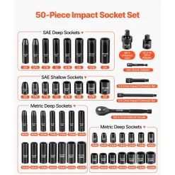 VEVOR 3/8 in Drive Impact Socket Set, 50 Piece, 6 Point Deep & Shallow Impact Sockets, SAE (5/16 in to 3/4 in) and Metric (8 to 22 mm) Sizes with 3 in & 6 in Extension Bars, Cr-V Steel, Carrying Case