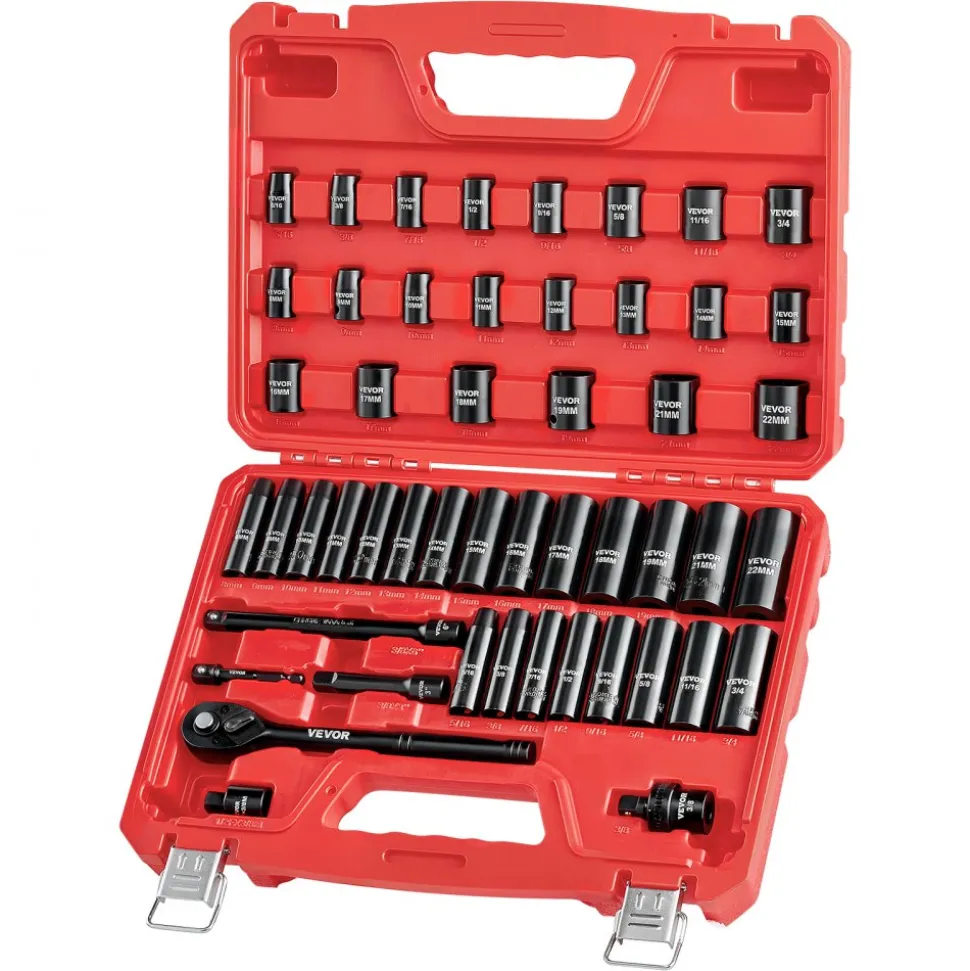 VEVOR 3/8 in Drive Impact Socket Set, 50 Piece, 6 Point Deep & Shallow Impact Sockets, SAE (5/16 in to 3/4 in) and Metric (8 to 22 mm) Sizes with 3 in & 6 in Extension Bars, Cr-V Steel, Carrying Case