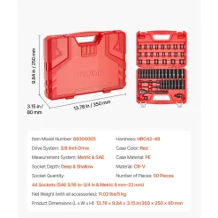 VEVOR 3/8 in Drive Impact Socket Set, 50 Piece, 6 Point Deep & Shallow Impact Sockets, SAE (5/16 in to 3/4 in) and Metric (8 to 22 mm) Sizes with 3 in & 6 in Extension Bars, Cr-V Steel, Carrying Case
