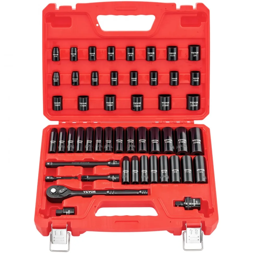 VEVOR 3/8 in Drive Impact Socket Set, 50 Piece, 6 Point Deep & Shallow Impact Sockets, SAE (5/16 in to 3/4 in) and Metric (8 to 22 mm) Sizes with 3 in & 6 in Extension Bars, Cr-V Steel, Carrying Case