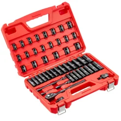 VEVOR 3/8 in Drive Impact Socket Set, 50 Piece, 6 Point Deep & Shallow Impact Sockets, SAE (5/16 in to 3/4 in) and Metric (8 to 22 mm) Sizes with 3 in & 6 in Extension Bars, Cr-V Steel, Carrying Case