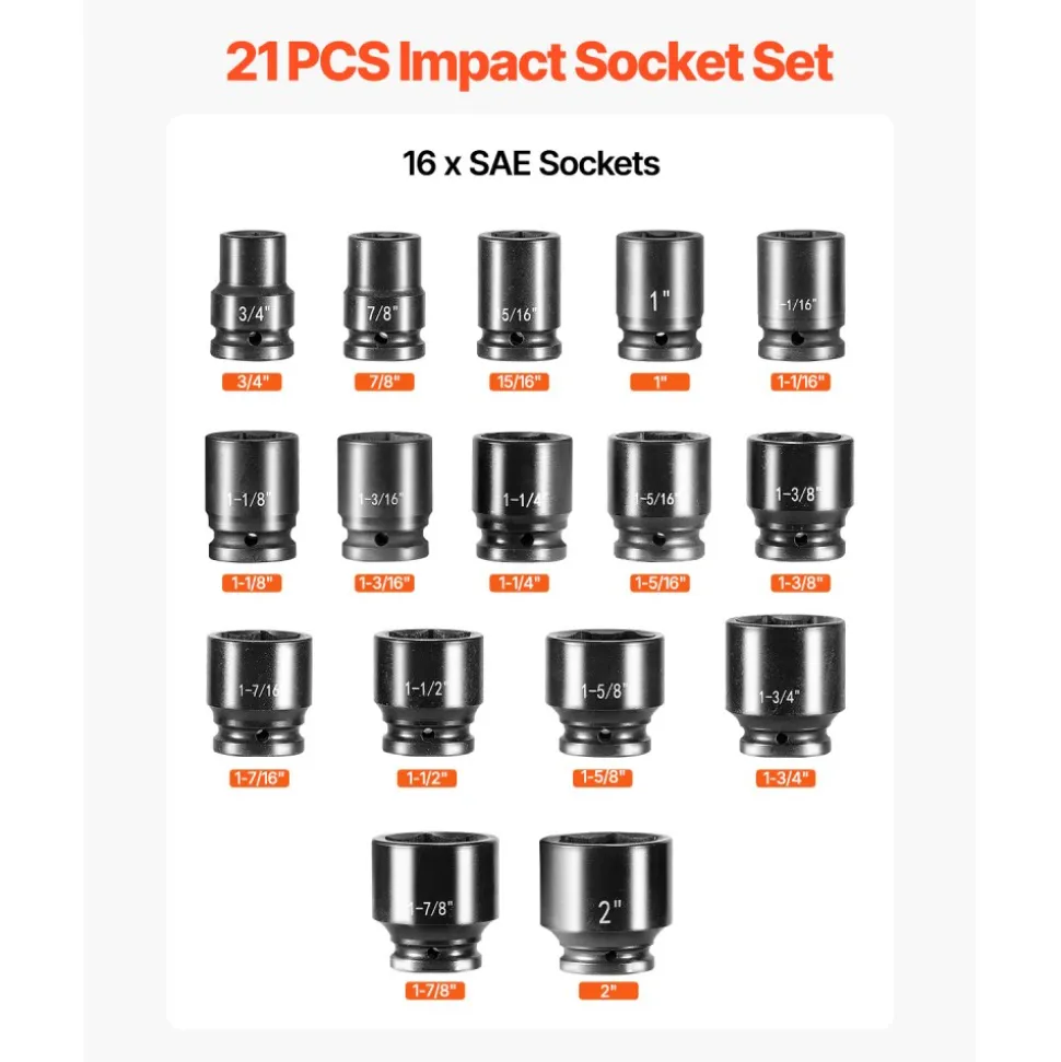 VEVOR 1/2 in Drive Impact Socket Set, 91 Piece, 6 Point Deep & Shallow Impact Sockets, SAE (5/16 to 1-1/4 in) and Metric (8 to 32 mm) Sizes with Extension Bars (3, 5, 10 in), Cr-V Steel, Carrying Case