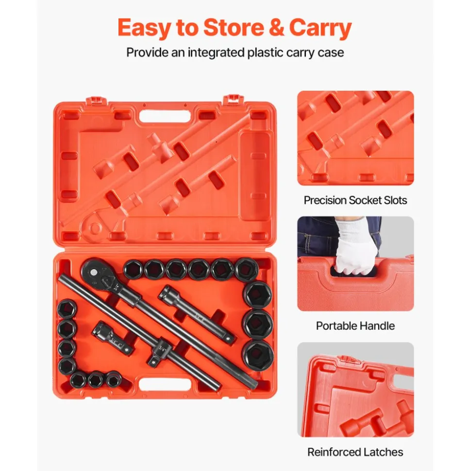 VEVOR 1/2 in Drive Impact Socket Set, 91 Piece, 6 Point Deep & Shallow Impact Sockets, SAE (5/16 to 1-1/4 in) and Metric (8 to 32 mm) Sizes with Extension Bars (3, 5, 10 in), Cr-V Steel, Carrying Case
