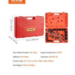 VEVOR 1/2 in Drive Impact Socket Set, 91 Piece, 6 Point Deep & Shallow Impact Sockets, SAE (5/16 to 1-1/4 in) and Metric (8 to 32 mm) Sizes with Extension Bars (3, 5, 10 in), Cr-V Steel, Carrying Case