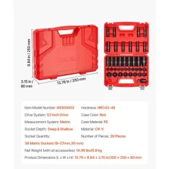 VEVOR 1/2 in Drive Impact Socket Set, 39 Piece, 6 Point Deep & Shallow Impact Sockets, Metric 9 to 30 mm, Cr-V Steel High Durability, with Universal Joint, Dual Size Markings, Heavy Duty Carrying Case