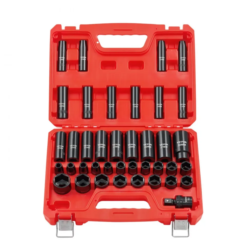 VEVOR 1/2 in Drive Impact Socket Set, 39 Piece, 6 Point Deep & Shallow Impact Sockets, Metric 9 to 30 mm, Cr-V Steel High Durability, with Universal Joint, Dual Size Markings, Heavy Duty Carrying Case