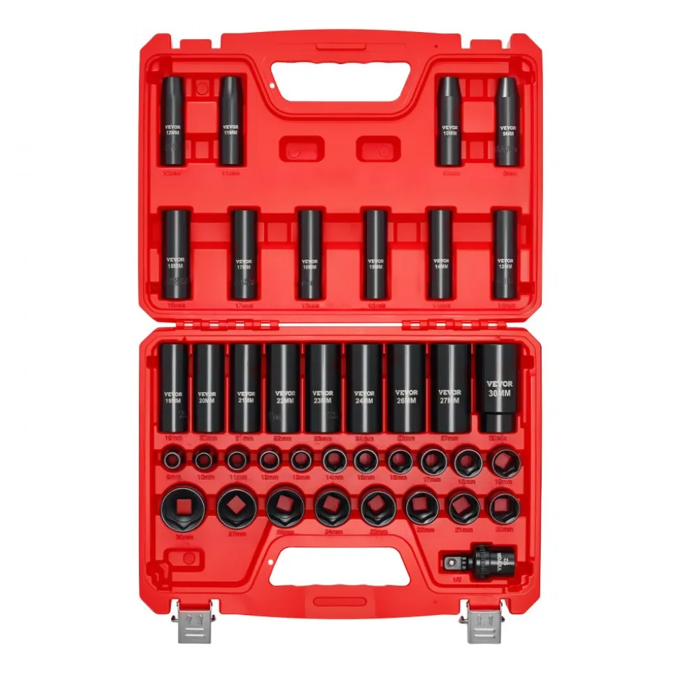 VEVOR 1/2 in Drive Impact Socket Set, 39 Piece, 6 Point Deep & Shallow Impact Sockets, Metric 9 to 30 mm, Cr-V Steel High Durability, with Universal Joint, Dual Size Markings, Heavy Duty Carrying Case