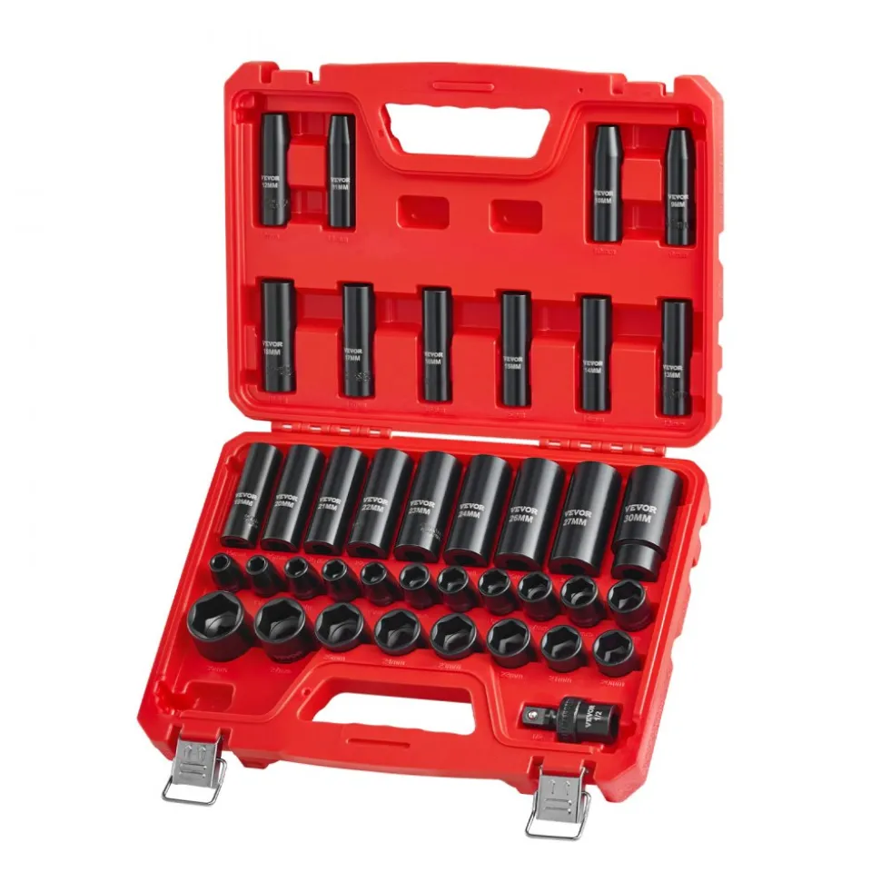 VEVOR 1/2 in Drive Impact Socket Set, 39 Piece, 6 Point Deep & Shallow Impact Sockets, Metric 9 to 30 mm, Cr-V Steel High Durability, with Universal Joint, Dual Size Markings, Heavy Duty Carrying Case