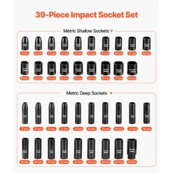 VEVOR 1/2 in Drive Impact Socket Set, 39 Piece, 6 Point Deep & Shallow Impact Sockets, Metric 9 to 30 mm, Cr-V Steel High Durability, with Universal Joint, Dual Size Markings, Heavy Duty Carrying Case