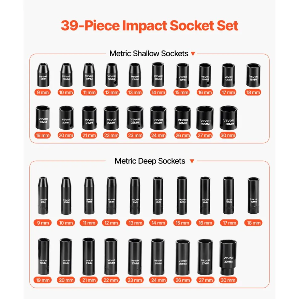VEVOR 1/2 in Drive Impact Socket Set, 39 Piece, 6 Point Deep & Shallow Impact Sockets, Metric 9 to 30 mm, Cr-V Steel High Durability, with Universal Joint, Dual Size Markings, Heavy Duty Carrying Case
