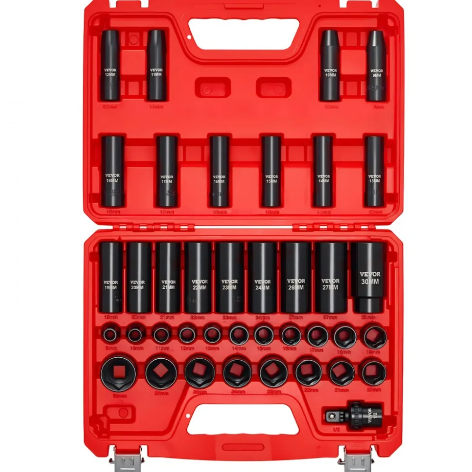 VEVOR 1/2 in Drive Impact Socket Set, 39 Piece, 6 Point Deep & Shallow Impact Sockets, Metric 9 to 30 mm, Cr-V Steel High Durability, with Universal Joint, Dual Size Markings, Heavy Duty Carrying Case