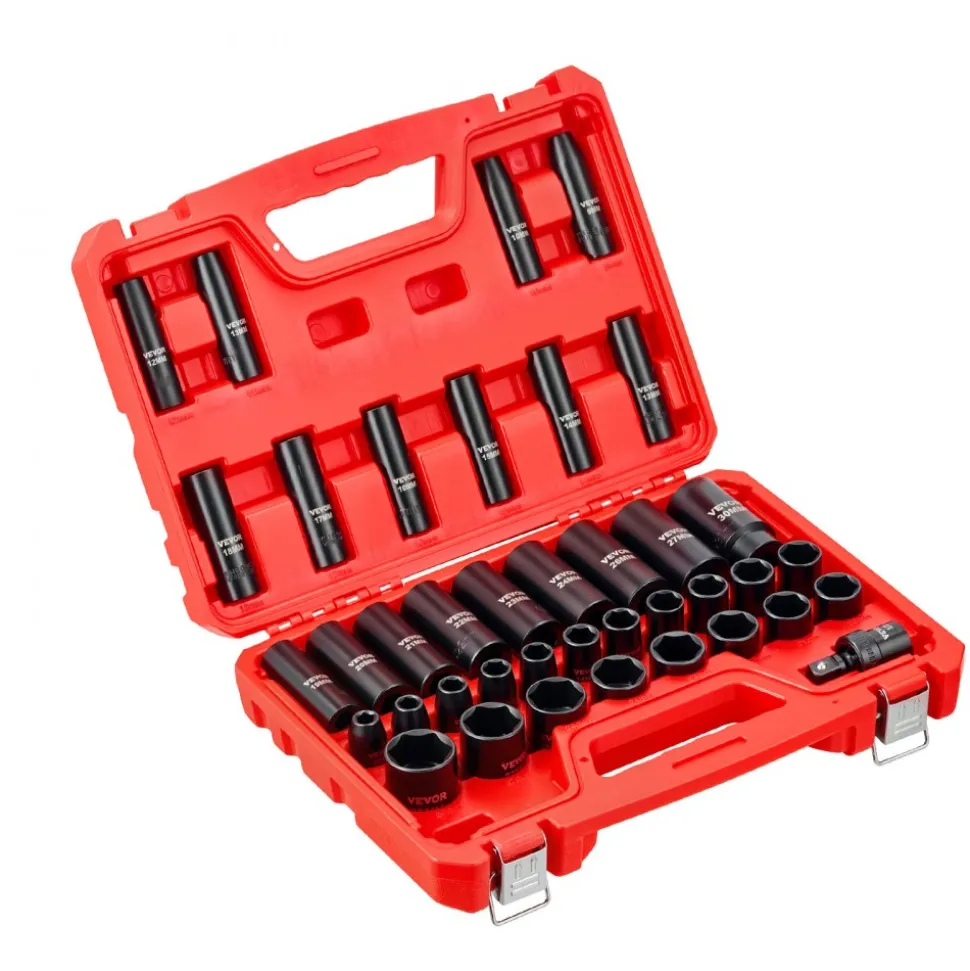 VEVOR 1/2 in Drive Impact Socket Set, 39 Piece, 6 Point Deep & Shallow Impact Sockets, Metric 9 to 30 mm, Cr-V Steel High Durability, with Universal Joint, Dual Size Markings, Heavy Duty Carrying Case