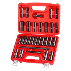VEVOR 1/2 in Drive Impact Socket Set, 29 Piece, 6 Point Deep Impact Sockets, SAE (3/8 to 1 inch) and Metric (10 to 24 mm) Sizes with Extension Bars (3, 5, 10 in), Cr-V Steel, Heavy Duty Carrying Case