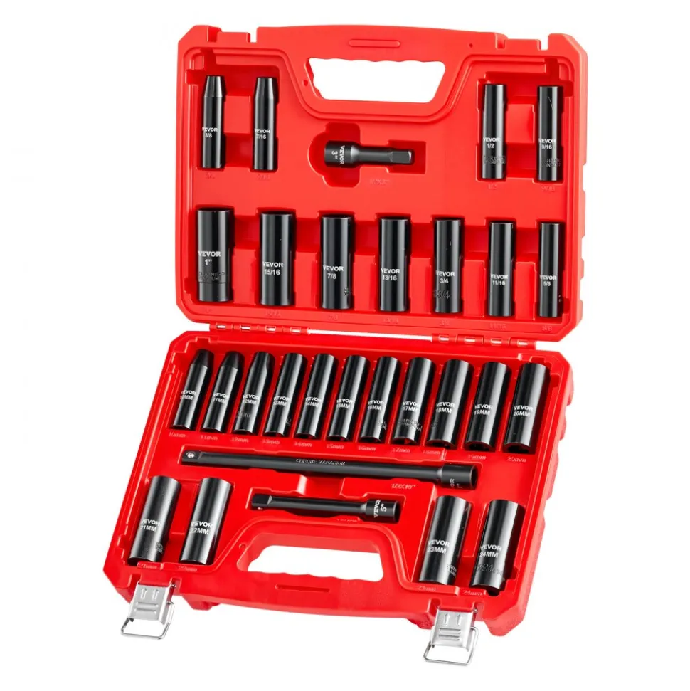 VEVOR 1/2 in Drive Impact Socket Set, 29 Piece, 6 Point Deep Impact Sockets, SAE (3/8 to 1 inch) and Metric (10 to 24 mm) Sizes with Extension Bars (3, 5, 10 in), Cr-V Steel, Heavy Duty Carrying Case