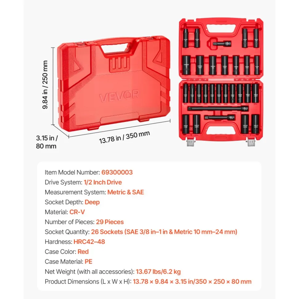 VEVOR 1/2 in Drive Impact Socket Set, 29 Piece, 6 Point Deep Impact Sockets, SAE (3/8 to 1 inch) and Metric (10 to 24 mm) Sizes with Extension Bars (3, 5, 10 in), Cr-V Steel, Heavy Duty Carrying Case