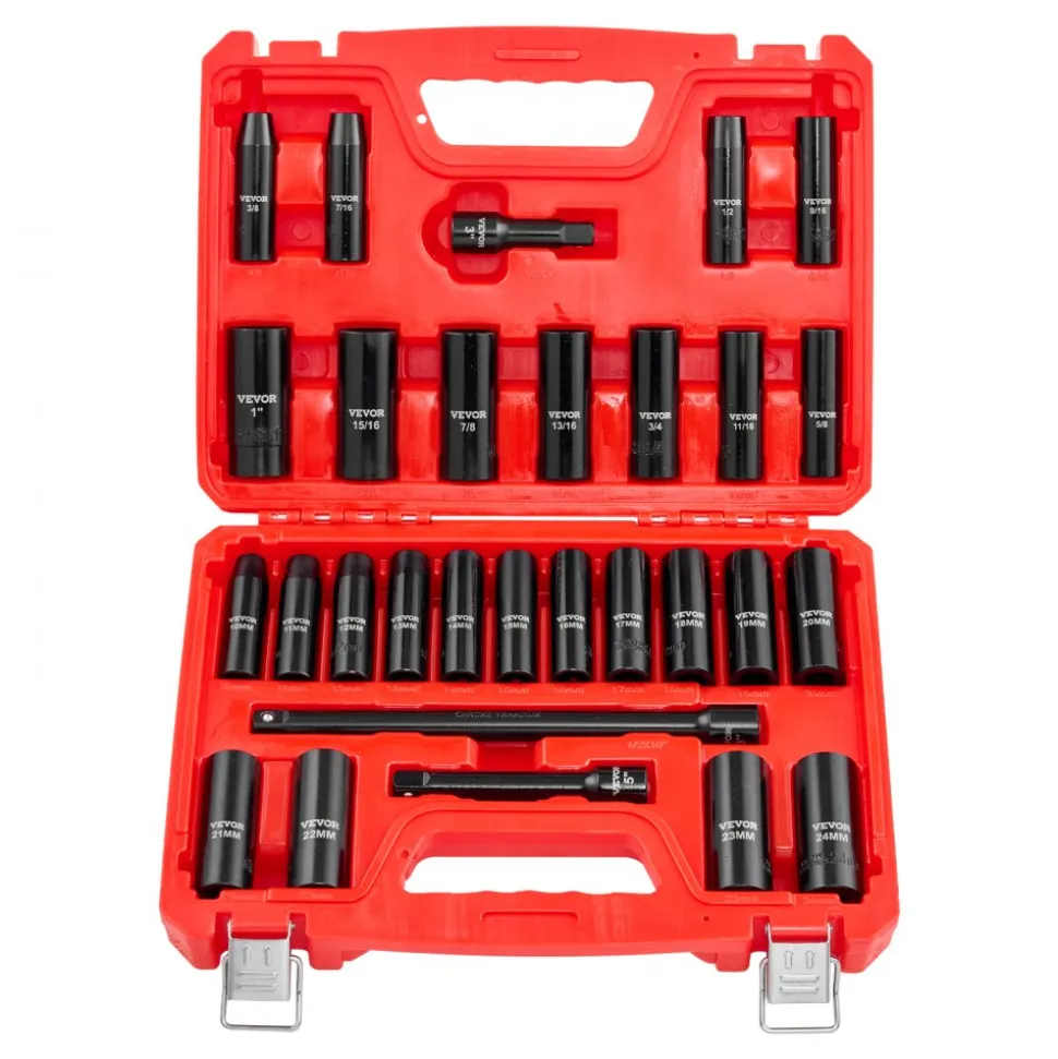 VEVOR 1/2 in Drive Impact Socket Set, 29 Piece, 6 Point Deep Impact Sockets, SAE (3/8 to 1 inch) and Metric (10 to 24 mm) Sizes with Extension Bars (3, 5, 10 in), Cr-V Steel, Heavy Duty Carrying Case