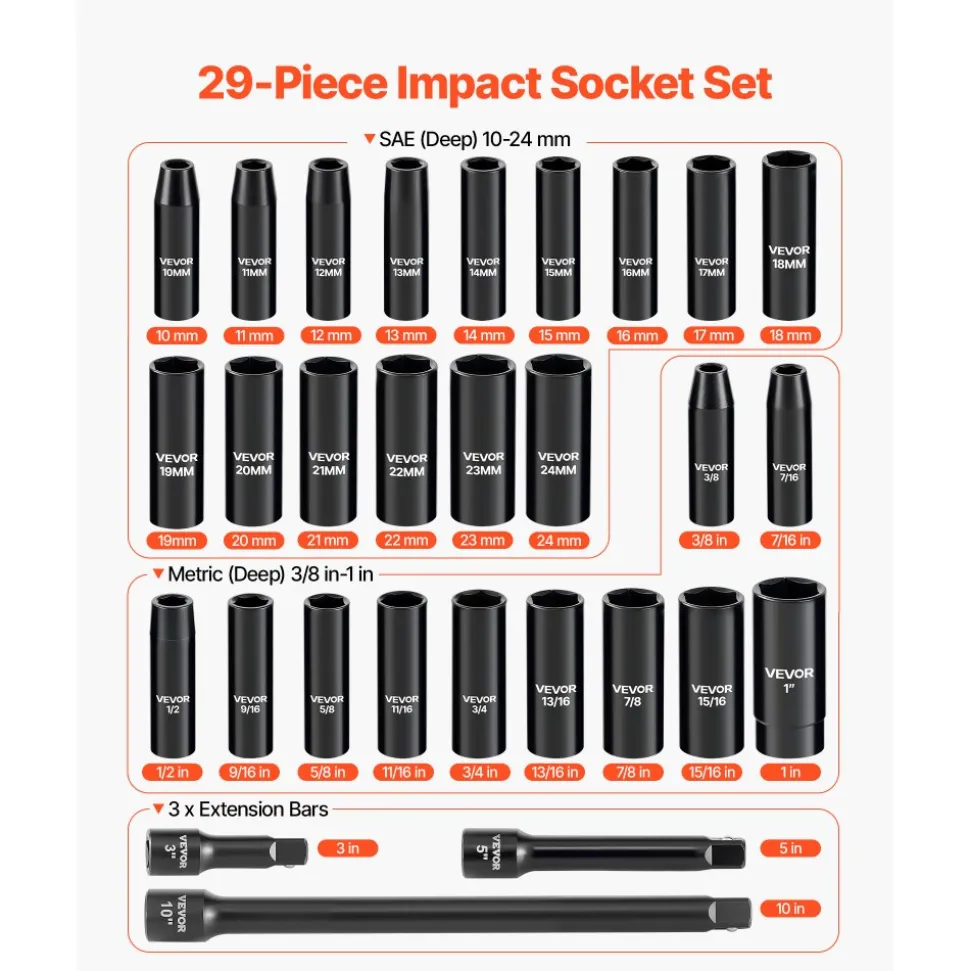 VEVOR 1/2 in Drive Impact Socket Set, 29 Piece, 6 Point Deep Impact Sockets, SAE (3/8 to 1 inch) and Metric (10 to 24 mm) Sizes with Extension Bars (3, 5, 10 in), Cr-V Steel, Heavy Duty Carrying Case