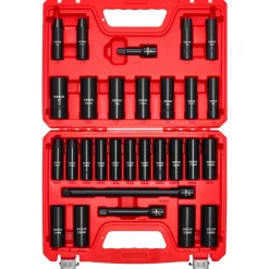VEVOR 1/2 in Drive Impact Socket Set, 29 Piece, 6 Point Deep Impact Sockets, SAE (3/8 to 1 inch) and Metric (10 to 24 mm) Sizes with Extension Bars (3, 5, 10 in), Cr-V Steel, Heavy Duty Carrying Case