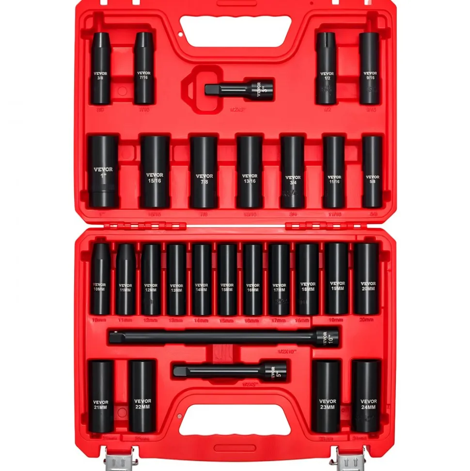 VEVOR 1/2 in Drive Impact Socket Set, 29 Piece, 6 Point Deep Impact Sockets, SAE (3/8 to 1 inch) and Metric (10 to 24 mm) Sizes with Extension Bars (3, 5, 10 in), Cr-V Steel, Heavy Duty Carrying Case