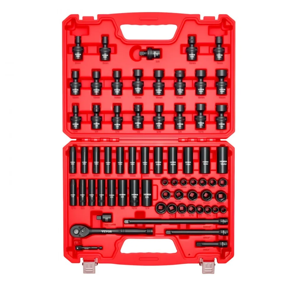 VEVOR 3/8 in Drive Impact Socket Set, 67 Piece, 6 Point Shallow & Deep Impact Sockets, SAE (5/16 in to 3/4 in) and Metric (8 mm to 19 mm), Swivel Sockets, Adapters, Cr-V & Cr-Mo Steel, Carrying Case
