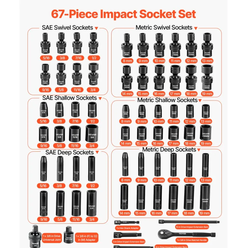 VEVOR 3/8 in Drive Impact Socket Set, 67 Piece, 6 Point Shallow & Deep Impact Sockets, SAE (5/16 in to 3/4 in) and Metric (8 mm to 19 mm), Swivel Sockets, Adapters, Cr-V & Cr-Mo Steel, Carrying Case