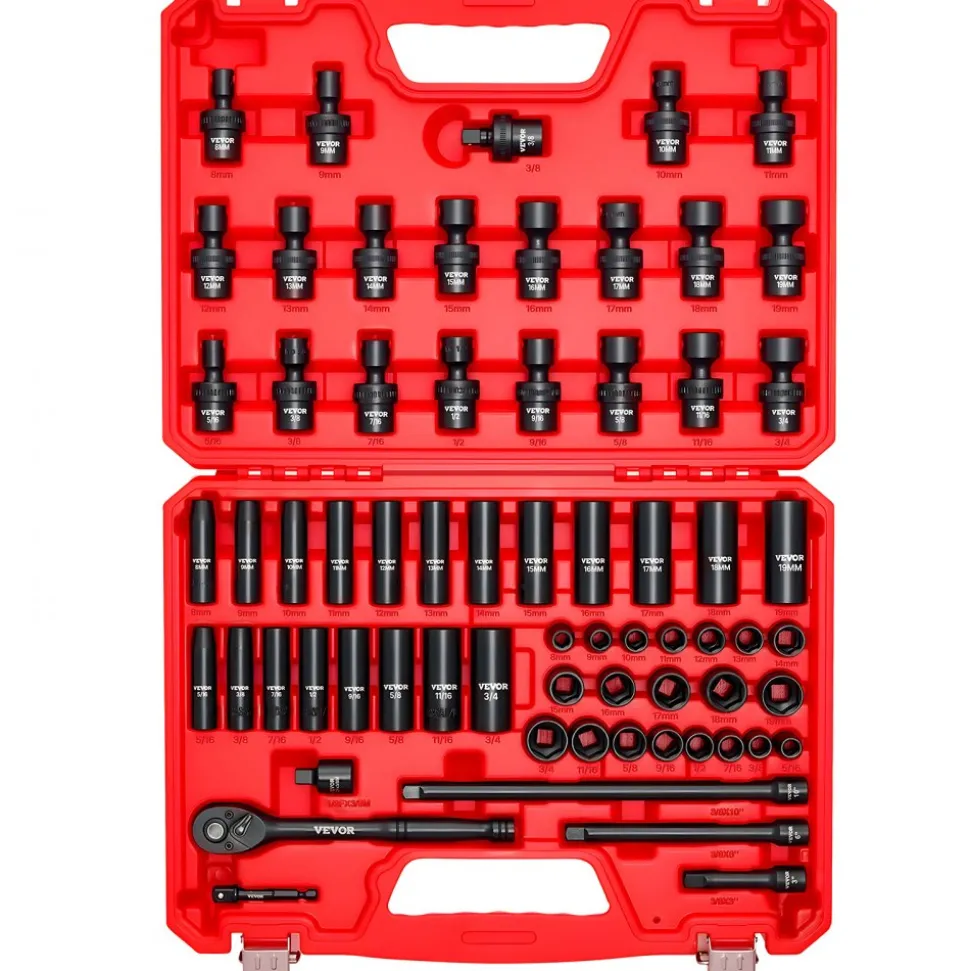 VEVOR 3/8 in Drive Impact Socket Set, 67 Piece, 6 Point Shallow & Deep Impact Sockets, SAE (5/16 in to 3/4 in) and Metric (8 mm to 19 mm), Swivel Sockets, Adapters, Cr-V & Cr-Mo Steel, Carrying Case