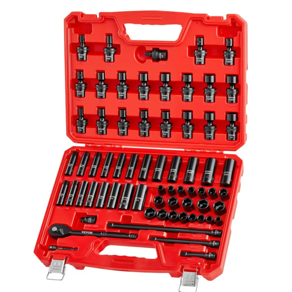 VEVOR 3/8 in Drive Impact Socket Set, 67 Piece, 6 Point Shallow & Deep Impact Sockets, SAE (5/16 in to 3/4 in) and Metric (8 mm to 19 mm), Swivel Sockets, Adapters, Cr-V & Cr-Mo Steel, Carrying Case