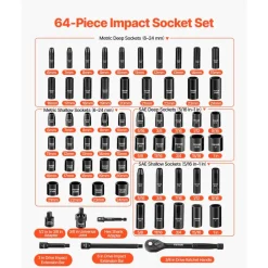 VEVOR 3/8 in Drive Impact Socket Set, 64 Piece, 6 Point Deep & Shallow Impact Sockets, SAE (5/16 in to 1 in) and Metric (6 to 24 mm) Sizes with 3 in & 6 in Extension Bars, Cr-V Steel, Carrying Case