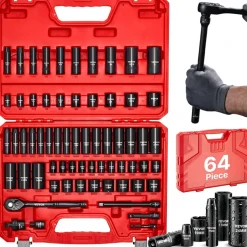 VEVOR 3/8 in Drive Impact Socket Set, 64 Piece, 6 Point Deep & Shallow Impact Sockets, SAE (5/16 in to 1 in) and Metric (6 to 24 mm) Sizes with 3 in & 6 in Extension Bars, Cr-V Steel, Carrying Case