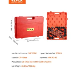 VEVOR 3/4 in Drive Impact Socket Set, 27 Pieces SAE 7/8 in to 2 in and Metric 22 mm to 50 mm, 6 Point Cr-V Alloy Steel for Auto Repair, Includes Extension Bars, Ratchet Handle and Storage Case
