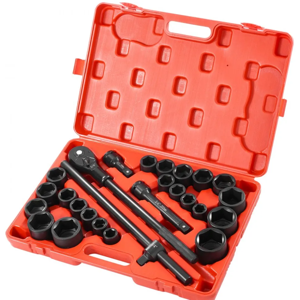 VEVOR 3/4 in Drive Impact Socket Set, 27 Pieces SAE 7/8 in to 2 in and Metric 22 mm to 50 mm, 6 Point Cr-V Alloy Steel for Auto Repair, Includes Extension Bars, Ratchet Handle and Storage Case