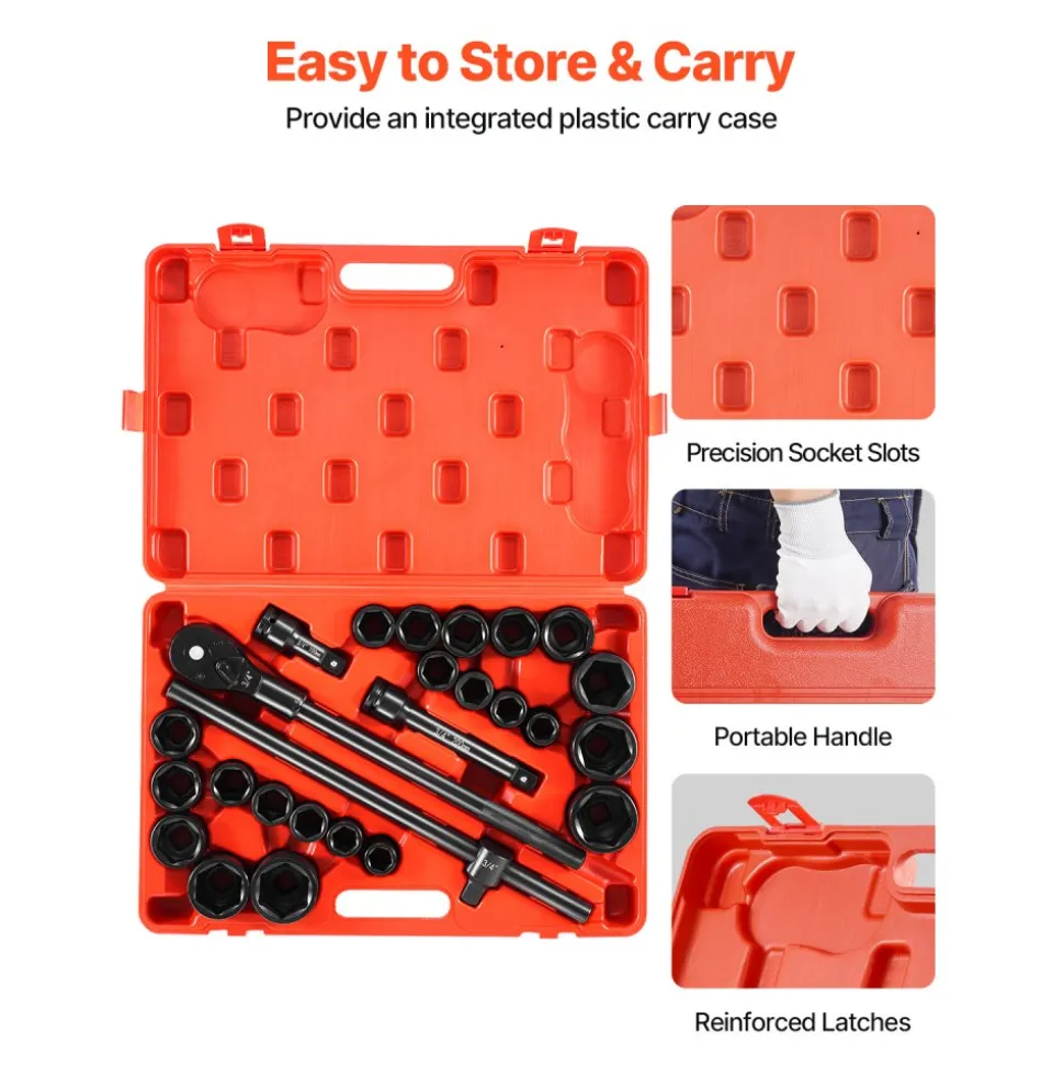 VEVOR 3/4 in Drive Impact Socket Set, 27 Pieces SAE 7/8 in to 2 in and Metric 22 mm to 50 mm, 6 Point Cr-V Alloy Steel for Auto Repair, Includes Extension Bars, Ratchet Handle and Storage Case