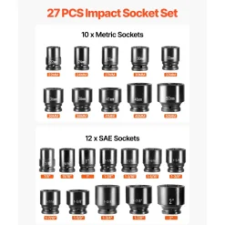 VEVOR 3/4 in Drive Impact Socket Set, 27 Pieces SAE 7/8 in to 2 in and Metric 22 mm to 50 mm, 6 Point Cr-V Alloy Steel for Auto Repair, Includes Extension Bars, Ratchet Handle and Storage Case