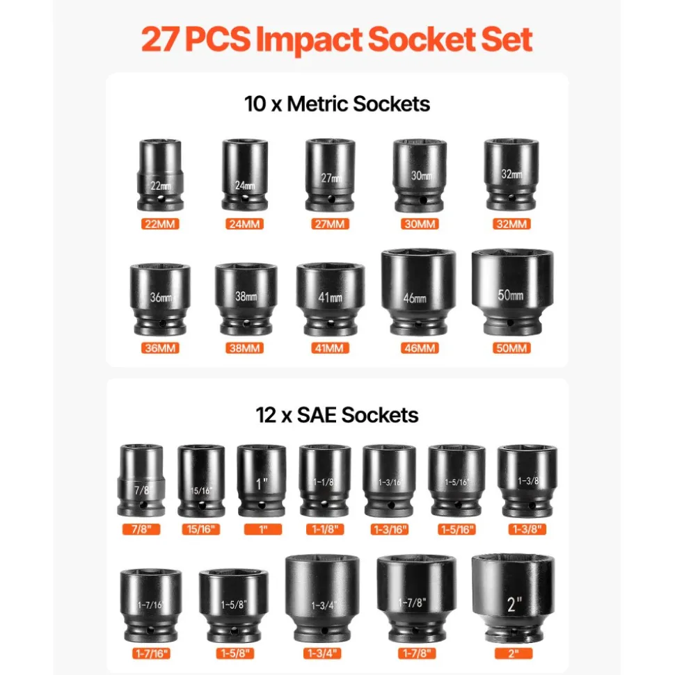 VEVOR 3/4 in Drive Impact Socket Set, 27 Pieces SAE 7/8 in to 2 in and Metric 22 mm to 50 mm, 6 Point Cr-V Alloy Steel for Auto Repair, Includes Extension Bars, Ratchet Handle and Storage Case