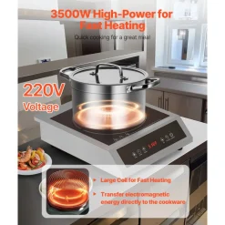 VEVOR Induction Cooktop, 3500W Commercial Induction Burner with 11-Level Temperature, Stainless Steel Countertop Induction Hot Plate with 3H Timer, Child Lock for Restaurant (6-15P Plug, 6-20R Outlet)
