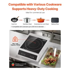 VEVOR Induction Cooktop, 3500W Commercial Induction Burner with 11-Level Temperature, Stainless Steel Countertop Induction Hot Plate with 3H Timer, Child Lock for Restaurant (6-15P Plug, 6-20R Outlet)