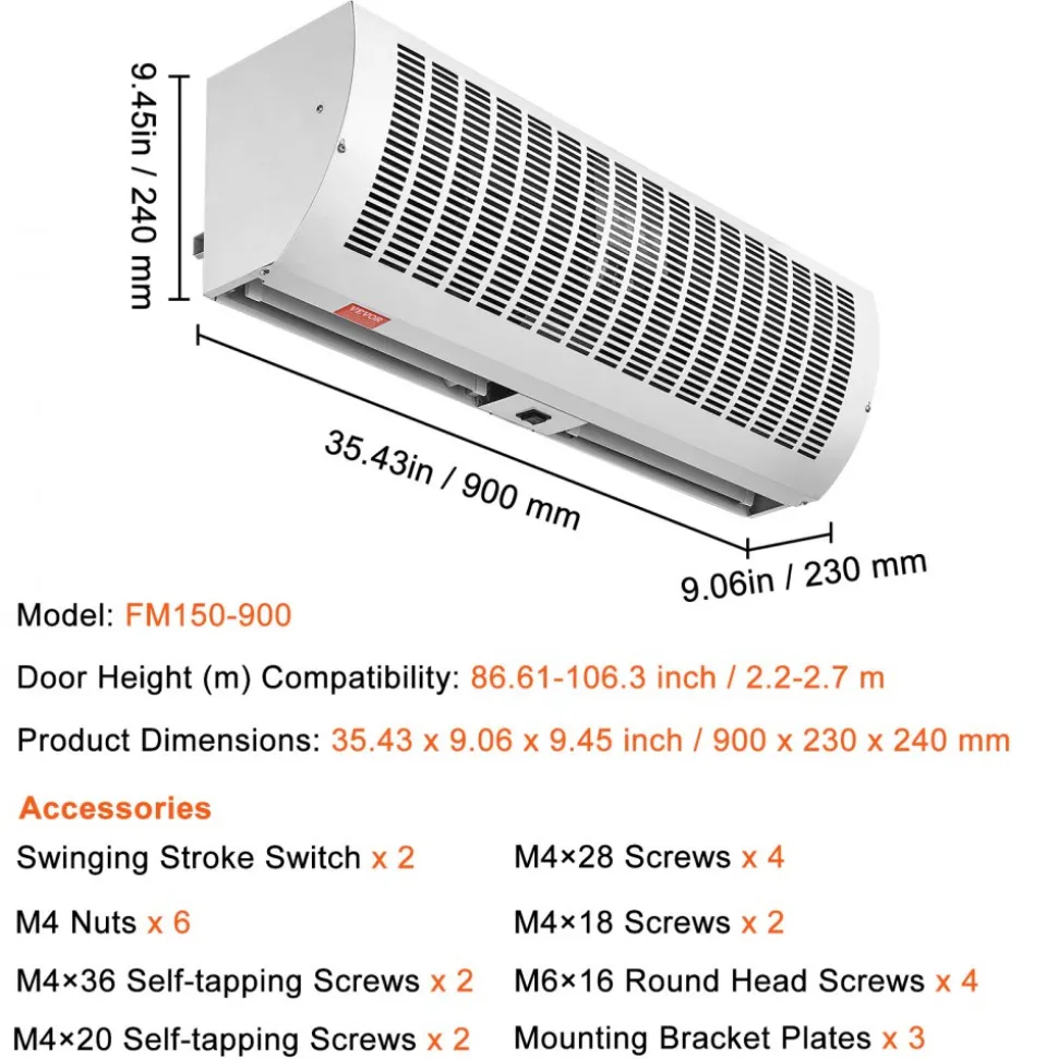 VEVOR 36" Industrial Air Door Blower, Dual-Speed 1200CFM, for Indoor Entryways, Includes Robust Limit Switch, Wall Mount Design, 110V Non-Heated, Simplified Installation