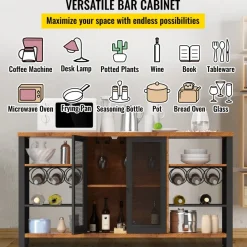 VEVOR Industrial Bar Cabinet, 55 Inch Rustic Oak, 330 LBS Wine Table for Liquor with Wine Racks (24 Bottles), Glass Holders and Metal Sideboard, Farmhouse Wood Coffee Bar for Living Room, Dining Room