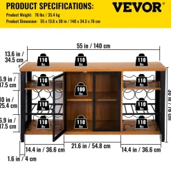 VEVOR Industrial Bar Cabinet, 55 Inch Rustic Oak, 330 LBS Wine Table for Liquor with Wine Racks (24 Bottles), Glass Holders and Metal Sideboard, Farmhouse Wood Coffee Bar for Living Room, Dining Room
