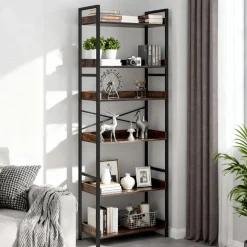 VEVOR Industrial Bookshelf, 6-Tier, Vintage Ladder Shelf Bookshelves and Bookcases, with Metal Frame, Book Organizer with Open Shelves, for Living Room, Bedroom, Kitchen, Home Office, Rustics Brown
