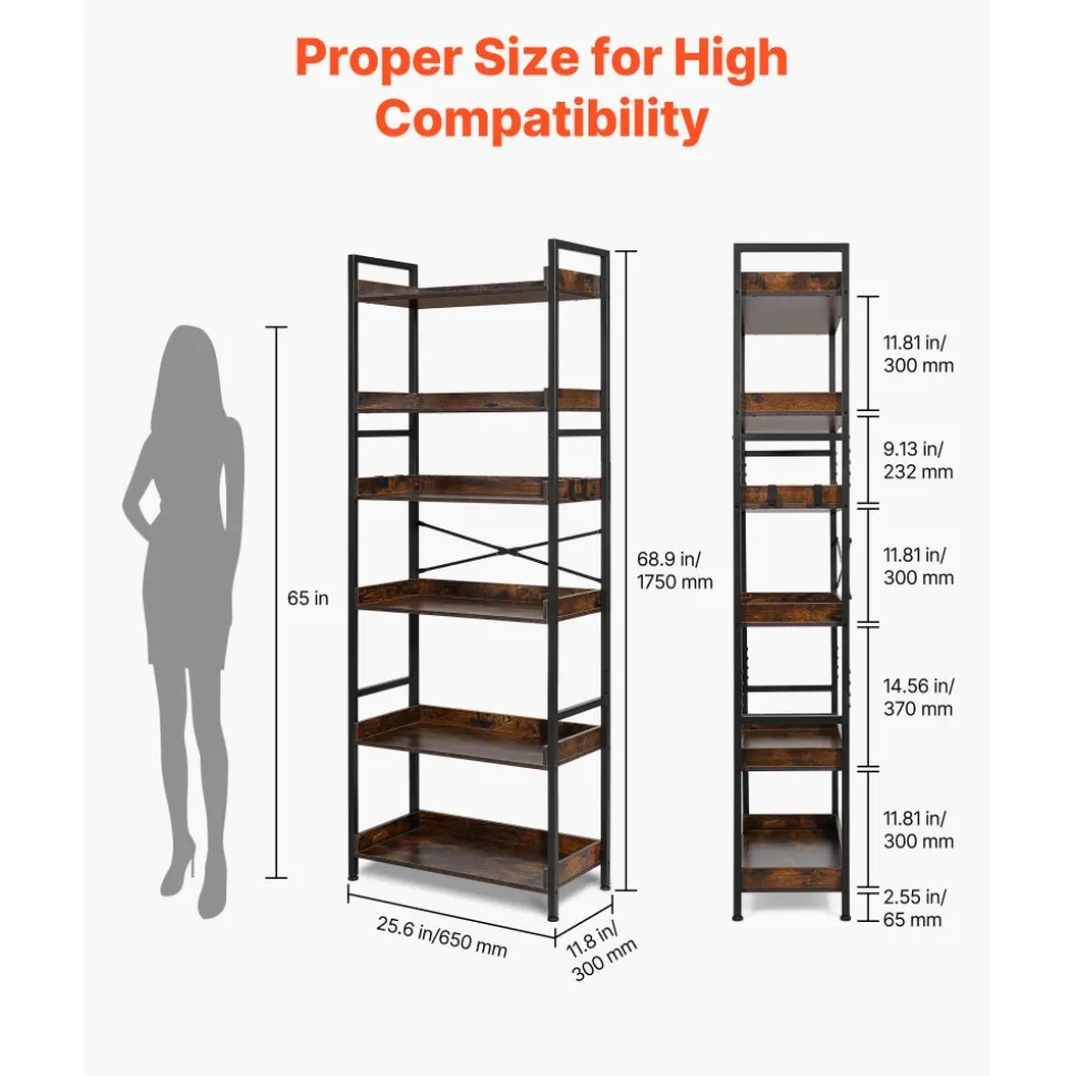 VEVOR Industrial Bookshelf, 6-Tier, Vintage Ladder Shelf Bookshelves and Bookcases, with Metal Frame, Book Organizer with Open Shelves, for Living Room, Bedroom, Kitchen, Home Office, Rustics Brown