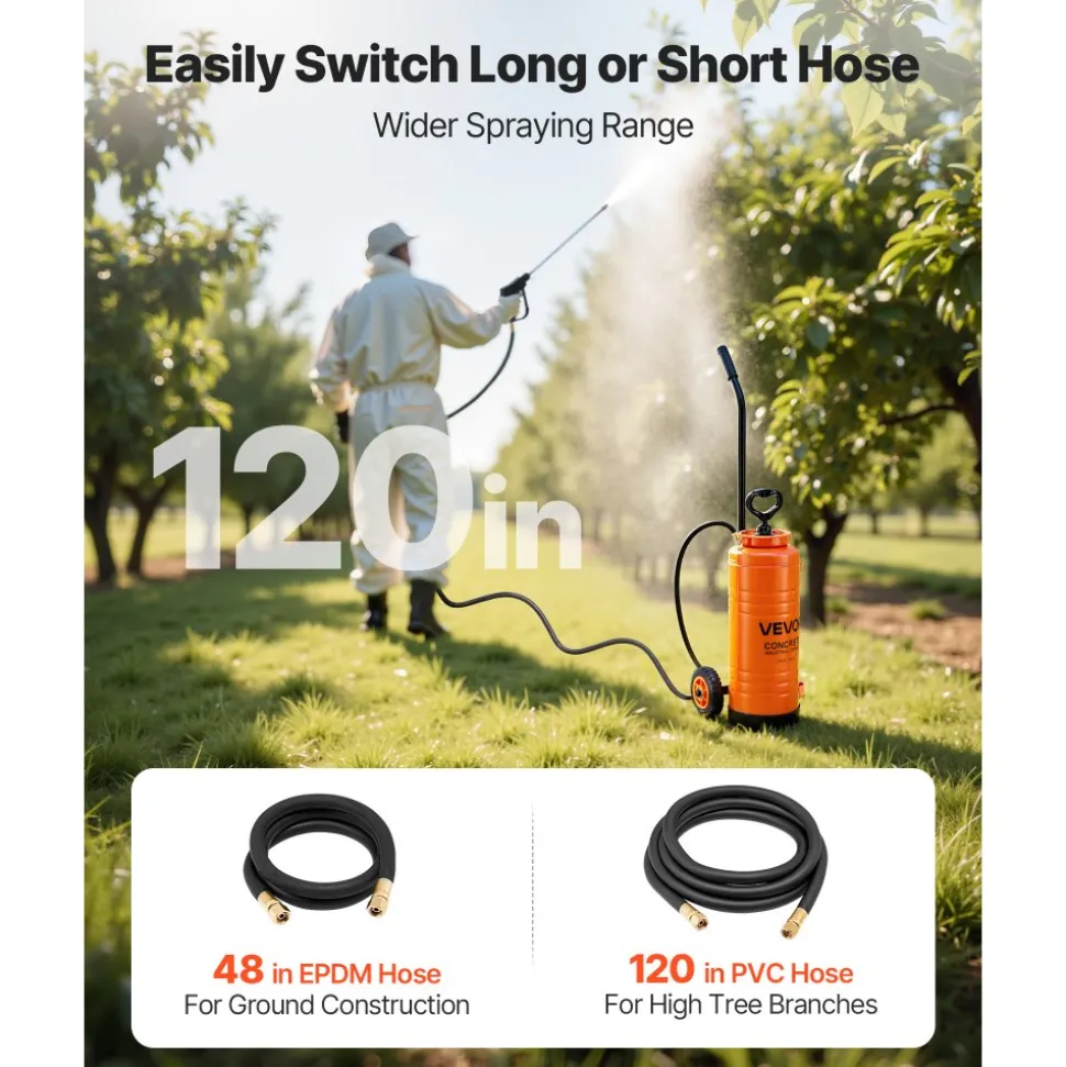 VEVOR Industrial Concrete Sprayer with Wheeled Cart, 3.5 Gallon Stainless Steel Sprayer, Heavy Duty Tri-Poxy Pump Sprayers, 20.5"Wand, 48" & 120"Hoses, 2 Brass Nozzles for Construction, Lawn & Garden