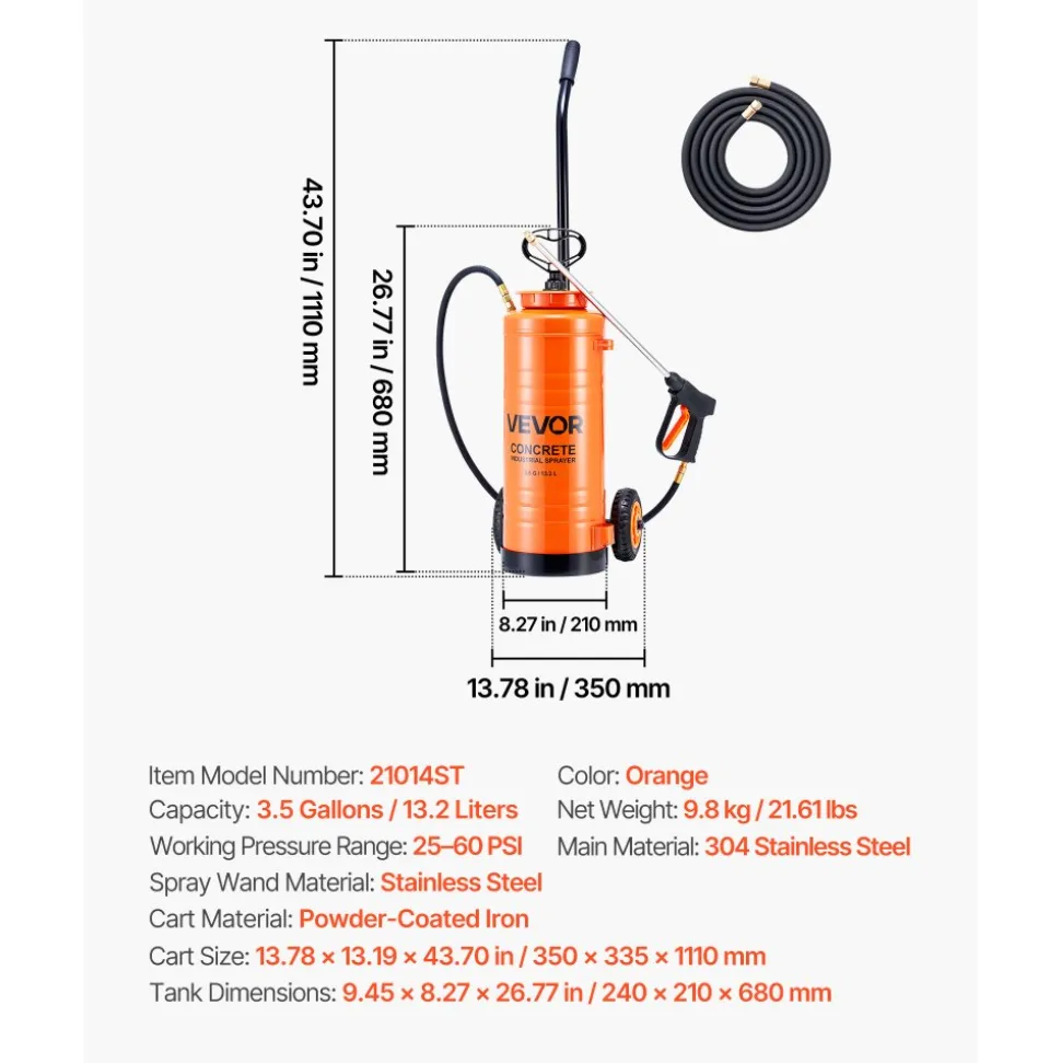 VEVOR Industrial Concrete Sprayer with Wheeled Cart, 3.5 Gallon Stainless Steel Sprayer, Heavy Duty Tri-Poxy Pump Sprayers, 20.5"Wand, 48" & 120"Hoses, 2 Brass Nozzles for Construction, Lawn & Garden